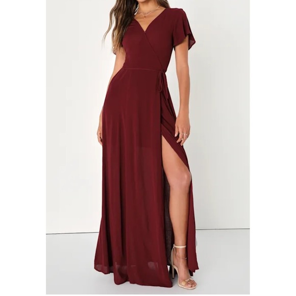 Lulus Heart of Marigold Burgundy Wrap Maxi Dress Sz XL Formal Wedding Guest - Picture 1 of 7